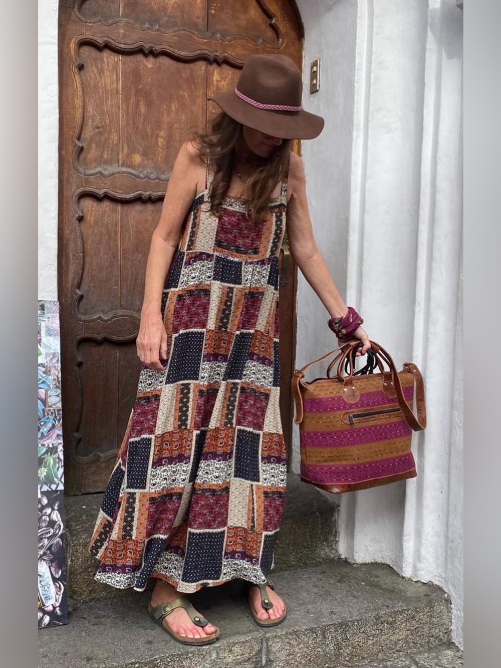 Natural Life Patchwork Maxi Sundress in Burgundy, Navy & Cream. Size L/XL
